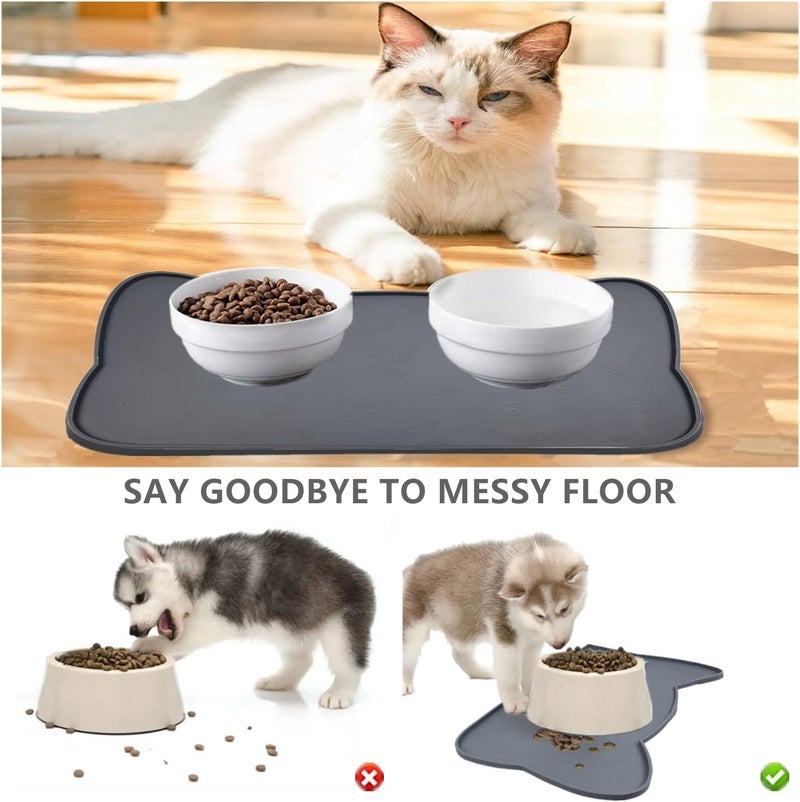 IYYI Cat Food Mat, Silicone Pet Food Mat for Floor, Waterproof Non Slip Pet Feeding Mat, Raised Edge Cat Bowl Mat to Stop Food Spills and Water Messes (Gray+Fishbone) - Image 2